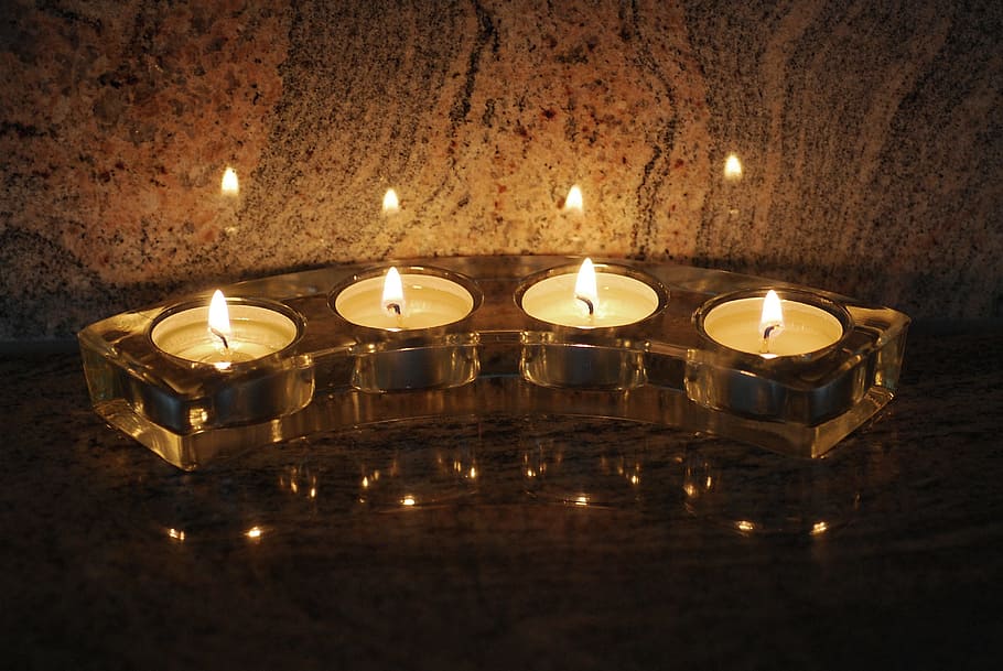 tealight, glass holder, mirroring, flame, granite, illuminated HD wallpaper