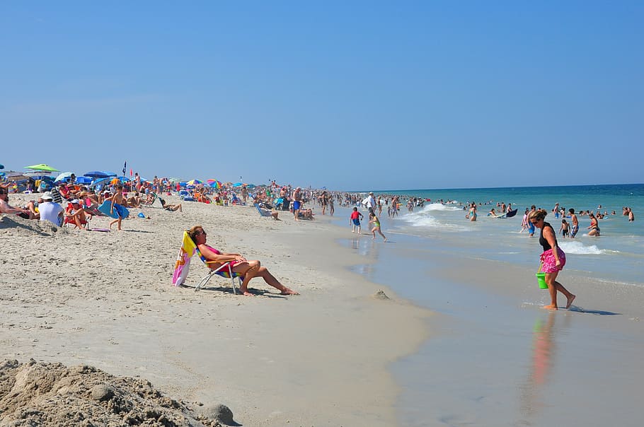 beach, summer, hai bian, sea, sand, people, coastline, vacations, HD wallpaper