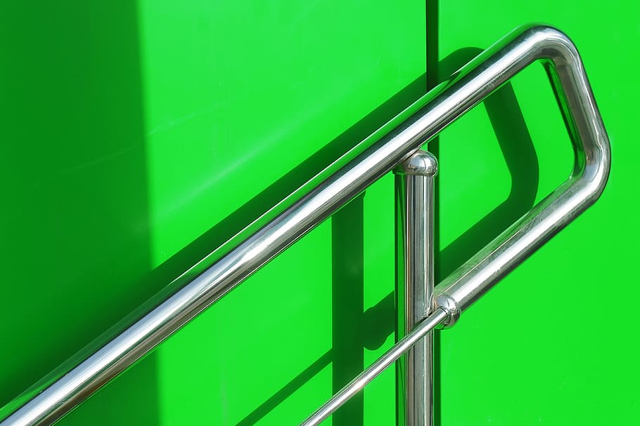 gray steel handrail, stainless steel frame on green wall, railing HD wallpaper
