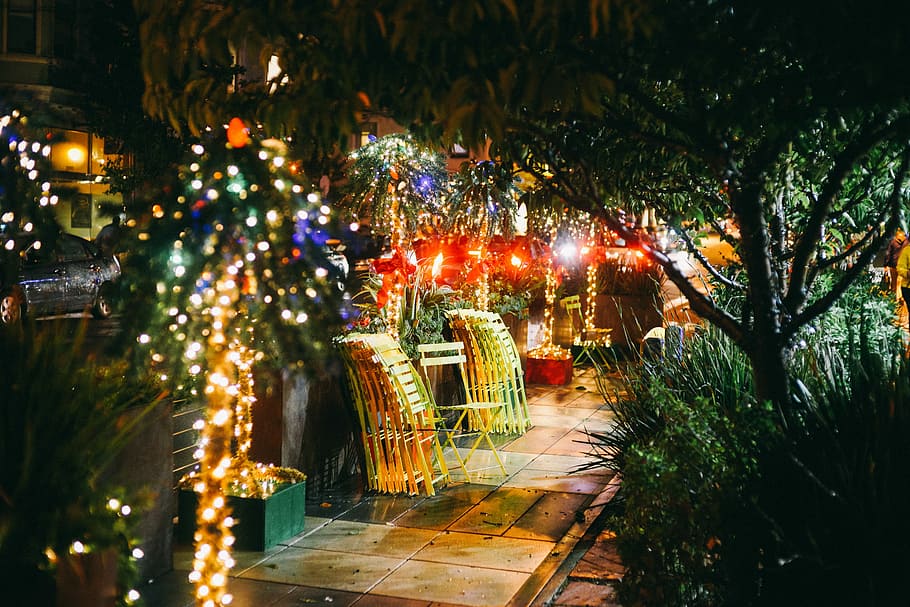 a lot of turned on garden lights near plants during nighttime, multicolored chair arrangement HD wallpaper