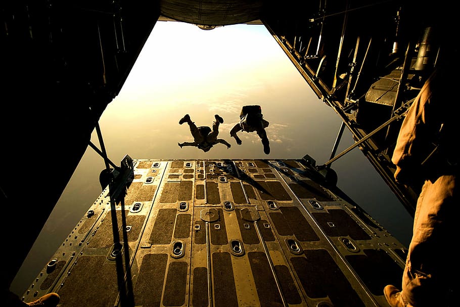two man jump on the plane movie scene, parachute, skydiving, parachuting