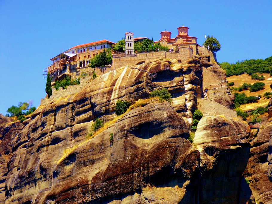 low angle photography of brown house, meteora, mountain, landscape HD wallpaper
