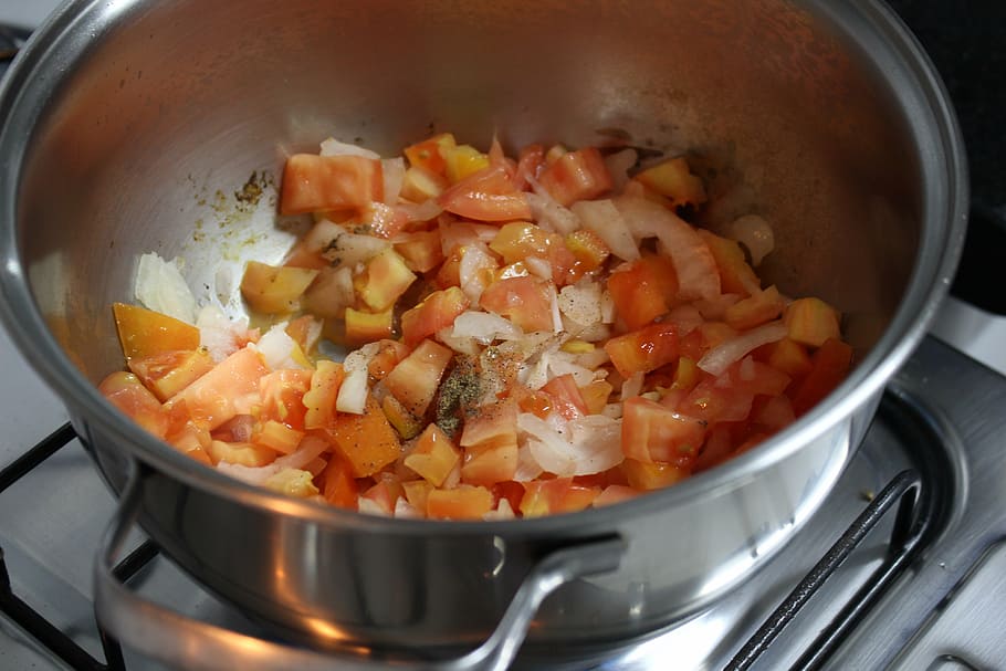 tomato, red, kitchen, ingredient, healthy, food, pan, meal HD wallpaper