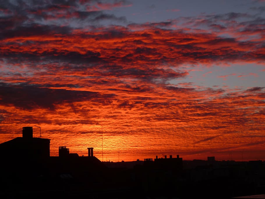 sunset, dawn, madrid, clouds, dusk, sky, orange Color, urban Skyline HD wallpaper
