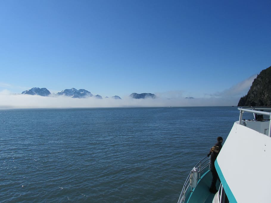 boat, cruise, alaska, fog, seaward, ocean, water, mountains, HD wallpaper