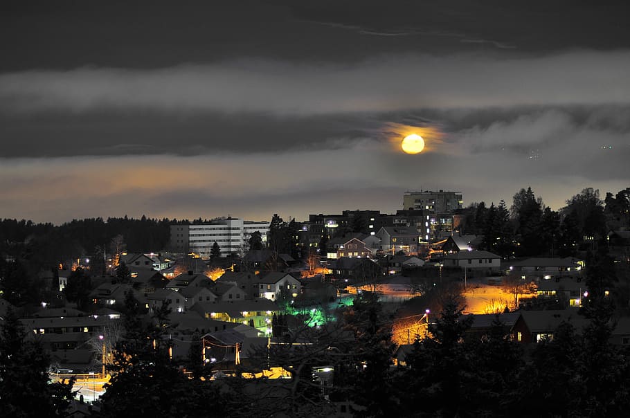 aerial photography of city building during night time with full moon HD wallpaper