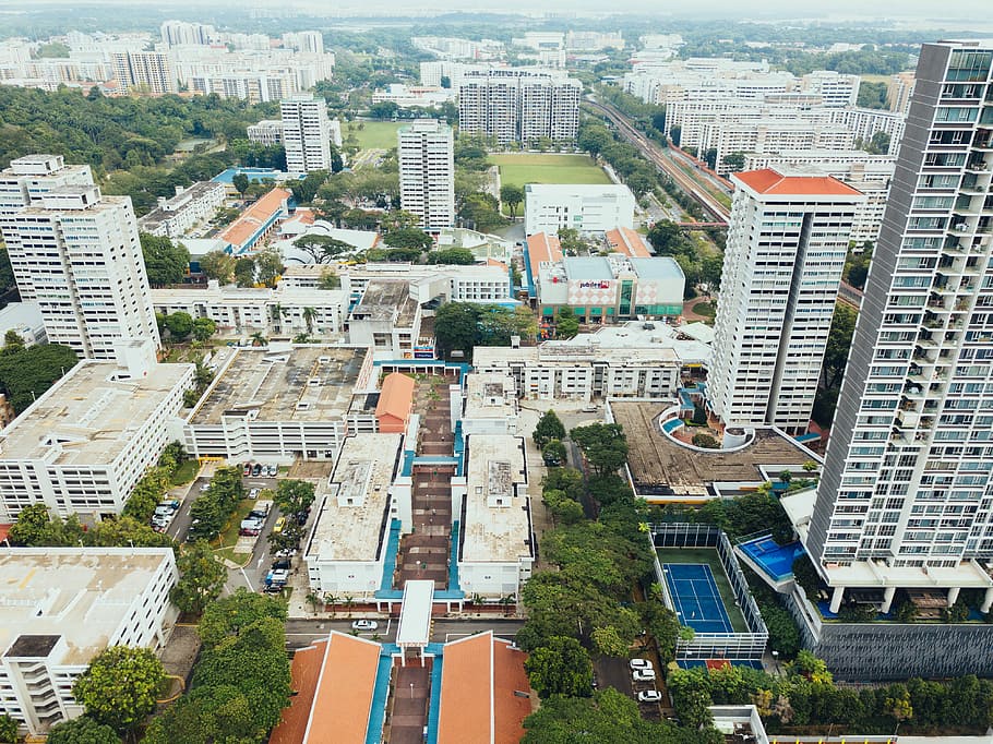 birds eye view of high-rise building, aerial photo of city building HD wallpaper
