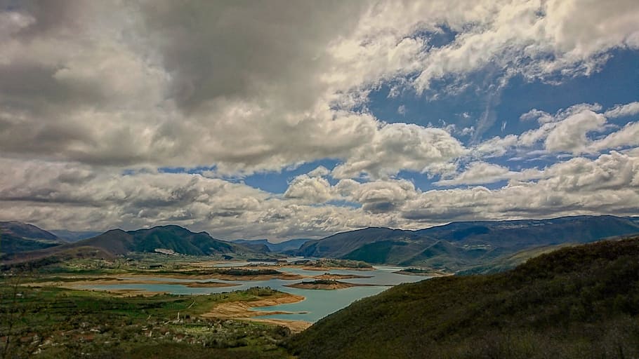 clouds, cloudy, daylight, grass, hill, lake, landscape, mountains HD wallpaper