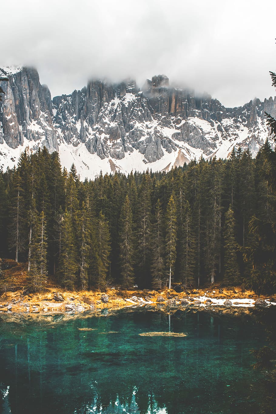 body of water near pine trees with snow-capped mountain at distance, rock formation covered with fogs near green trees and body of water at daytime HD wallpaper