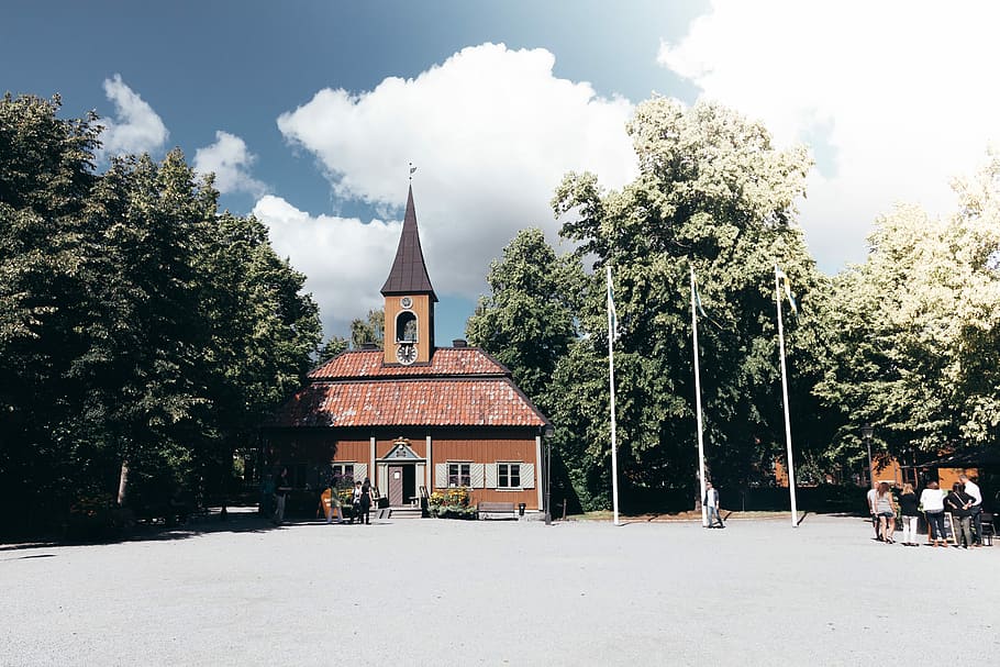 brown chapel surrounded by trees near poles, church, building HD wallpaper