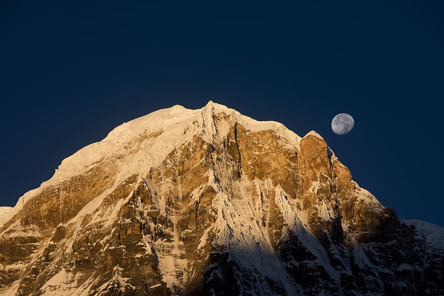 brown mountain under half moon, areal photography of brown mountain HD wallpaper