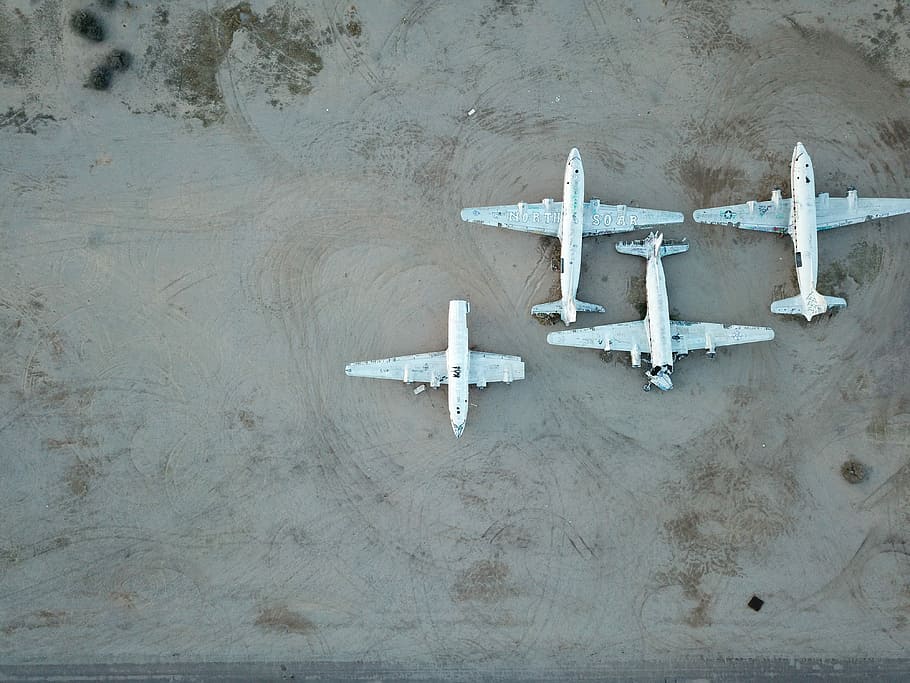 three white airplanes on grey surface, aerial photo of white aircrafts during daytime, HD wallpaper