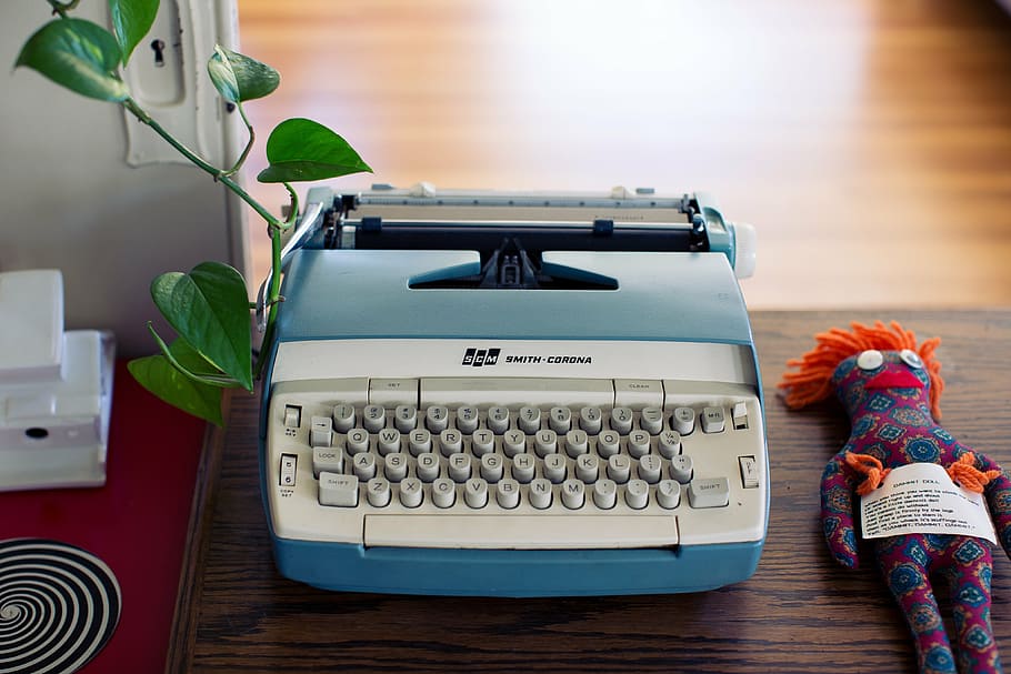 blue and gray typewriter on brown table, white, writing, office HD wallpaper