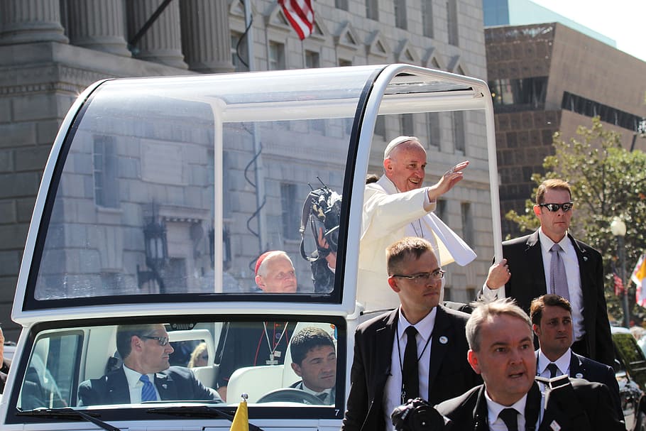 Pope Francis in white vehicle, Vatican, Catholic, washington dc