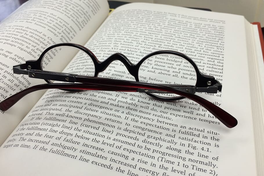 eyeglasses on opened book, spectacles, office, business, vision HD wallpaper