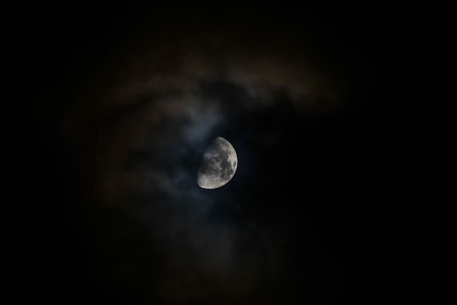 moon at night sky, moon covered with clouds, crater, dark, space HD wallpaper