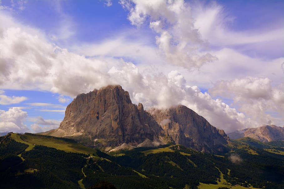 dolomites, mountains, italy, sassolungo, clouds, sky, cloudy HD wallpaper