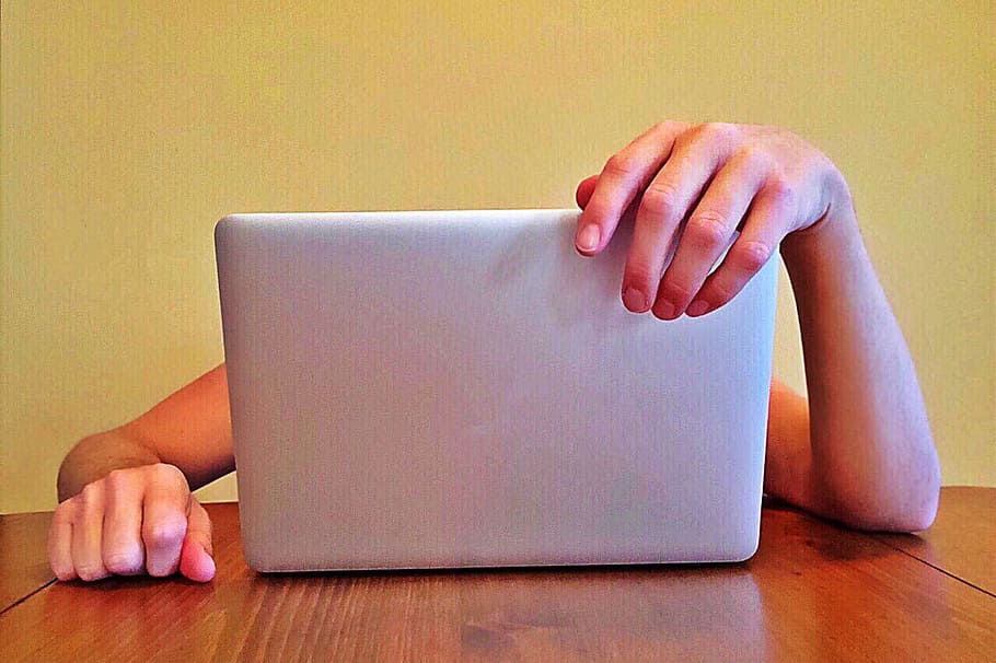person sitting neat gray laptop computer, surfing, technology HD wallpaper