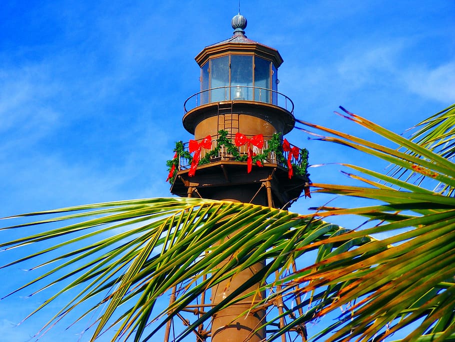 beige lighthouse, sanibel island, florida, palm, sky, historical, HD wallpaper