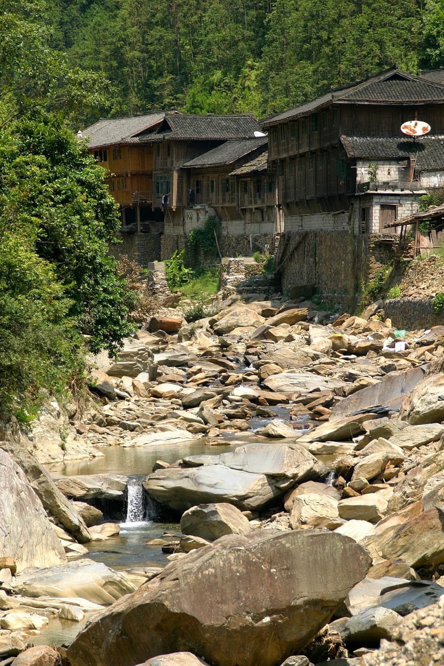 river, bed, riverbed, china, dry, tree, built structure, rock HD wallpaper