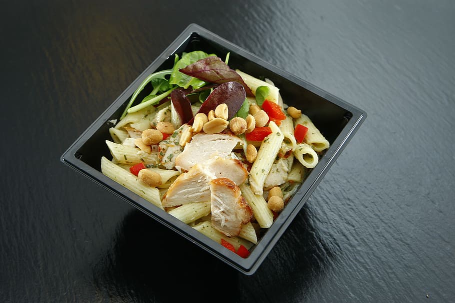macaroni with nuts and herbs, takeaway, salad, mixed salad HD wallpaper