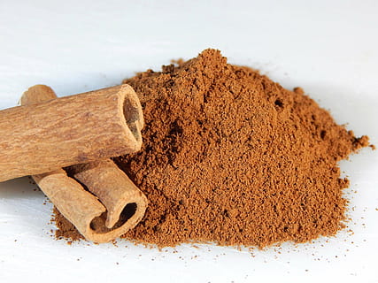 cinnamon powder and two rolls, sticks, ground, spice, food HD wallpaper
