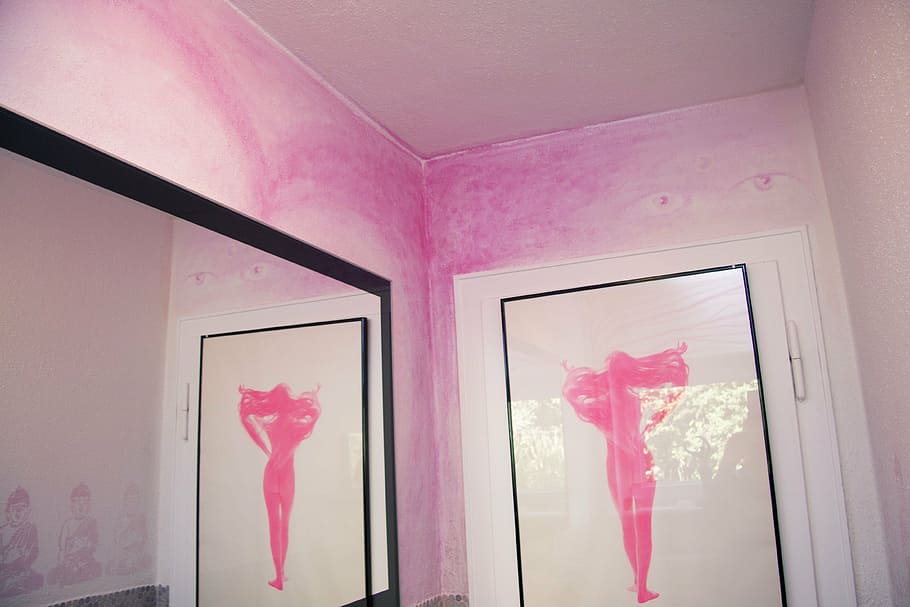 interior design, mural, graffiti, stylish, painting, pink, mirror HD wallpaper