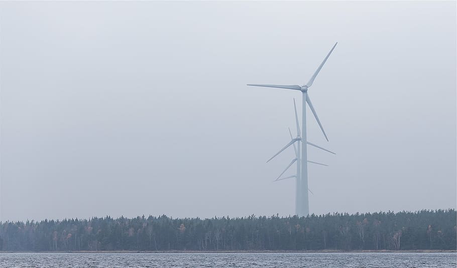 white windmills in line, photo, turbines, grey, sky, wind turbine HD wallpaper