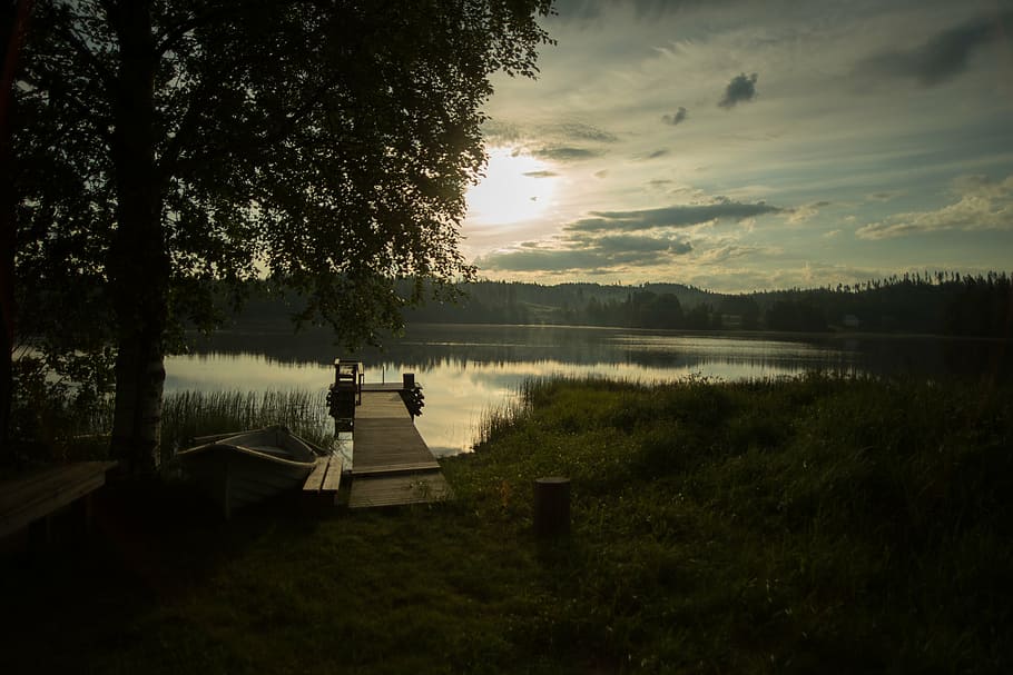 pier, lake, beach, sunset, lake in finland, tree, water, plant HD wallpaper