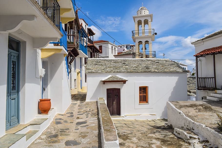 greece, skopelos, chora, village, street, alley, houses, church