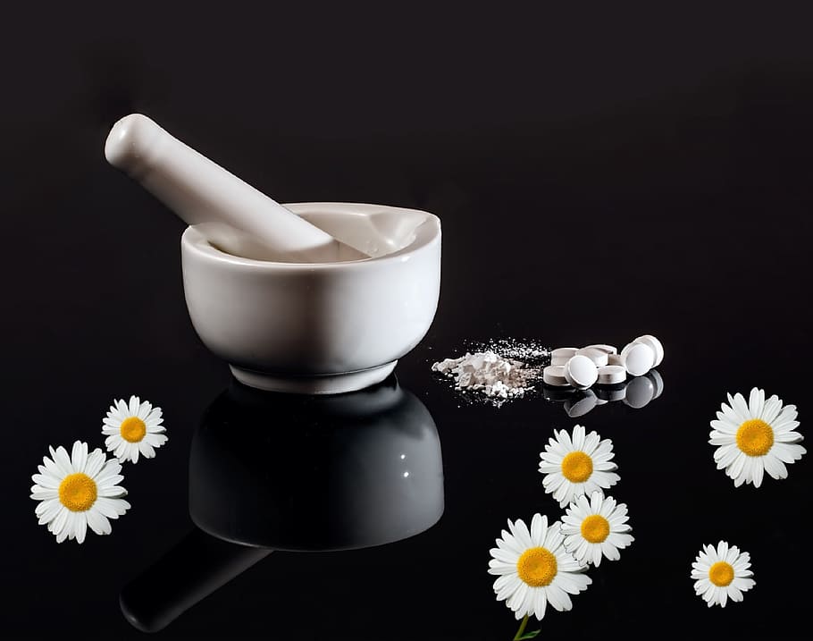 white mortal and pestle, homeopathy, medical, chamomile, naturopathic medicine, HD wallpaper