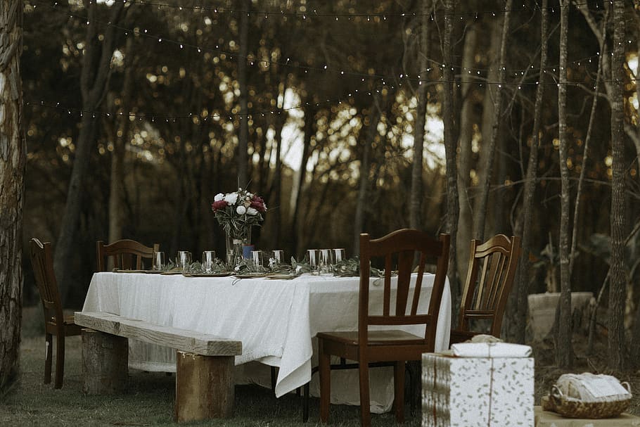 dining table and chairs set in the middle of the woods, brown wooden table and chair set beside trees during daytime HD wallpaper