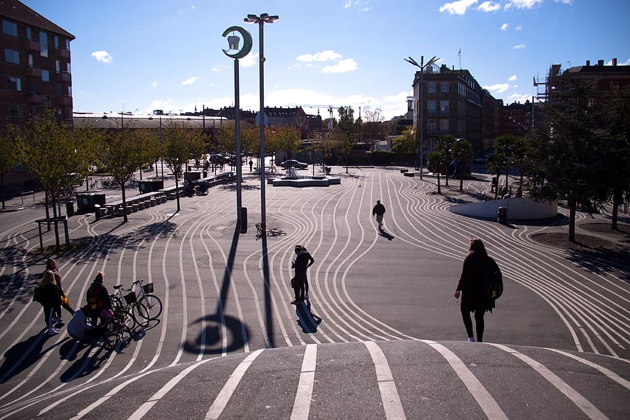 person walking on gray pavement, Superkilen, Stripes, White, kileparken
