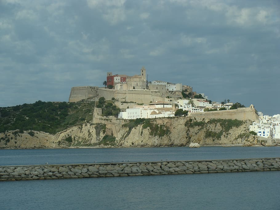 ibiza, old, rom, clock tower, building, stones, abbey, water HD wallpaper