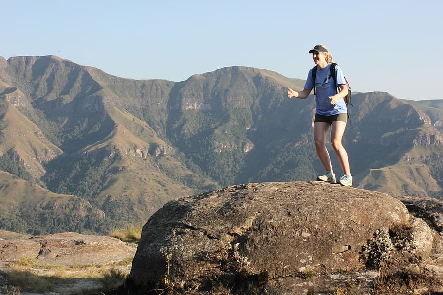 drakensberg, hiking, happy, woman, tourist, traveler, hill
