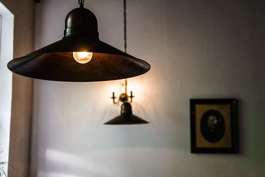 black pendant lamp, illuminated, light, room, contemporary HD wallpaper