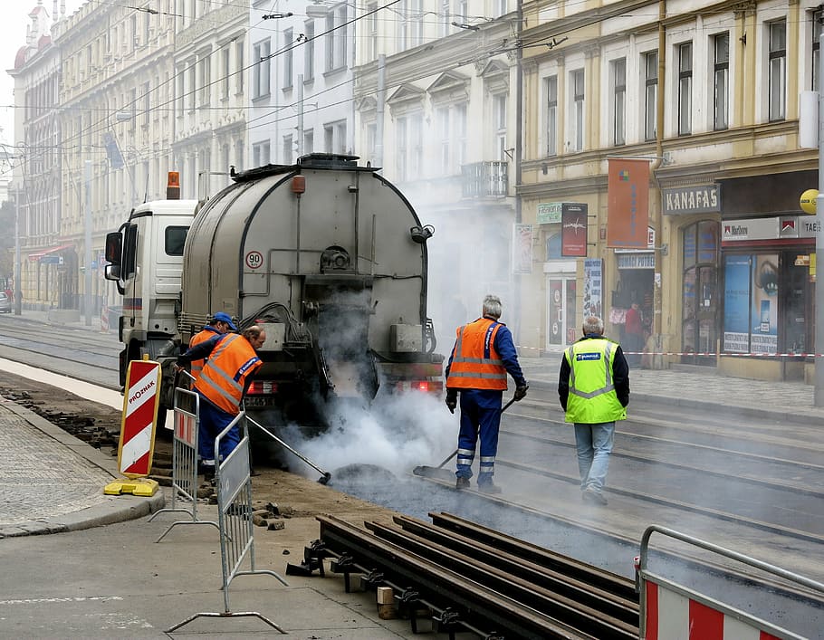 site, prague, construction workers, steam, truck, seemed, asphalt HD wallpaper