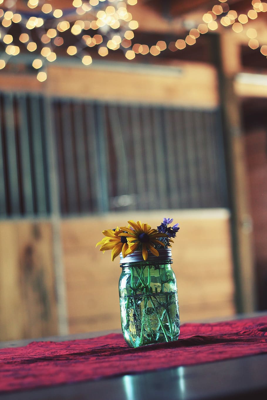 clear glass mason jar on pink textile, yellow and purple flower arrangement in vase HD wallpaper