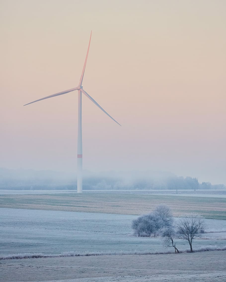 landscape photo of windmill on grass field, white windmill on field under pink sky HD wallpaper