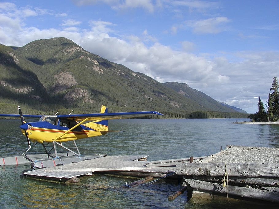 lake, float plane, water, aerial, landscape, nature, mountain HD wallpaper