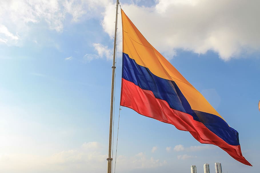 orange, blue, and red flag, Colombian Flag, Sunset, sky, clouds
