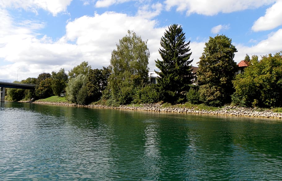 river, green, tree, water, plant, sky, cloud - sky, waterfront HD wallpaper