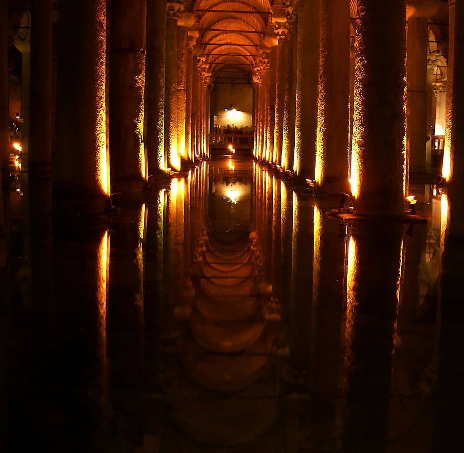 architectural photography of building, cave, columnar, mirroring HD wallpaper