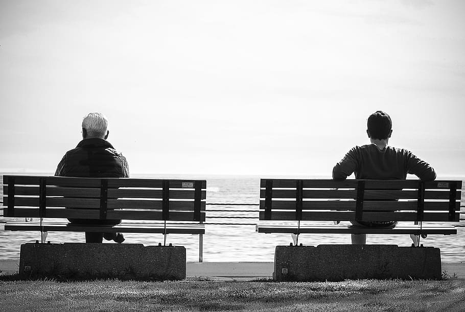grayscale photography of men sitting on bench, resting, wait HD wallpaper
