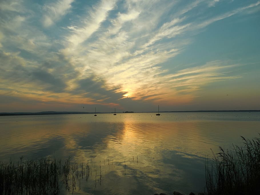 sunset, water, abendstimmung, sky, evening, romance, mirroring HD wallpaper