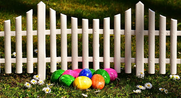 assorted-color stone near white wooden gate, easter, easter eggs HD wallpaper