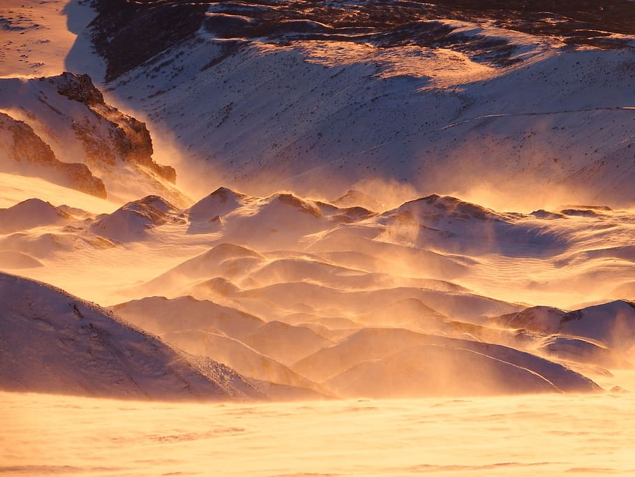 sand storm on desert, volcano, mountains, clouds, snow, landscape HD wallpaper