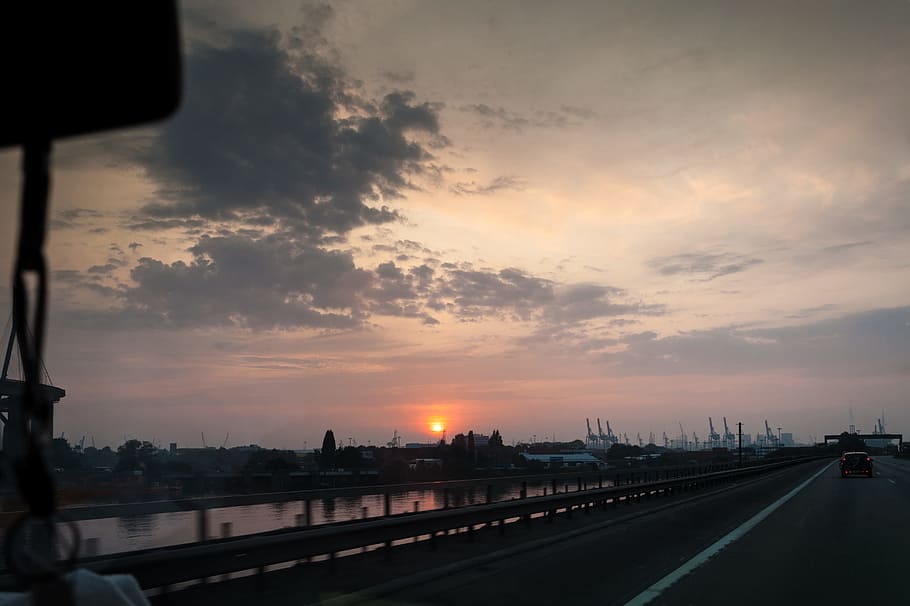 road, dawn, landscape, sunset, architecture, blur, buildings HD wallpaper