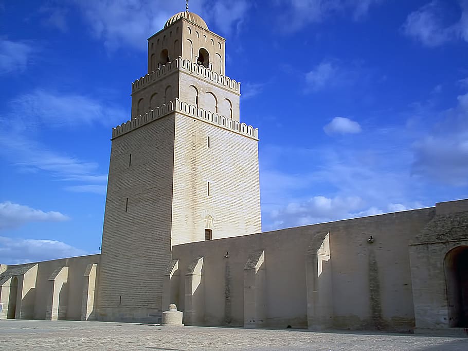 white concrete tower and fence, Mosque, Kairouan, Tunisia, large, HD wallpaper
