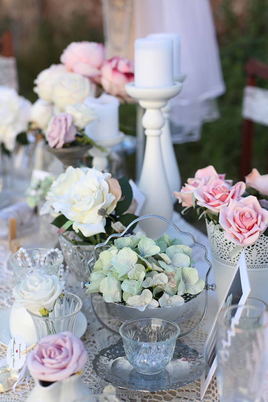 pink and white flowers near white candle stand, vintage, wedding HD wallpaper